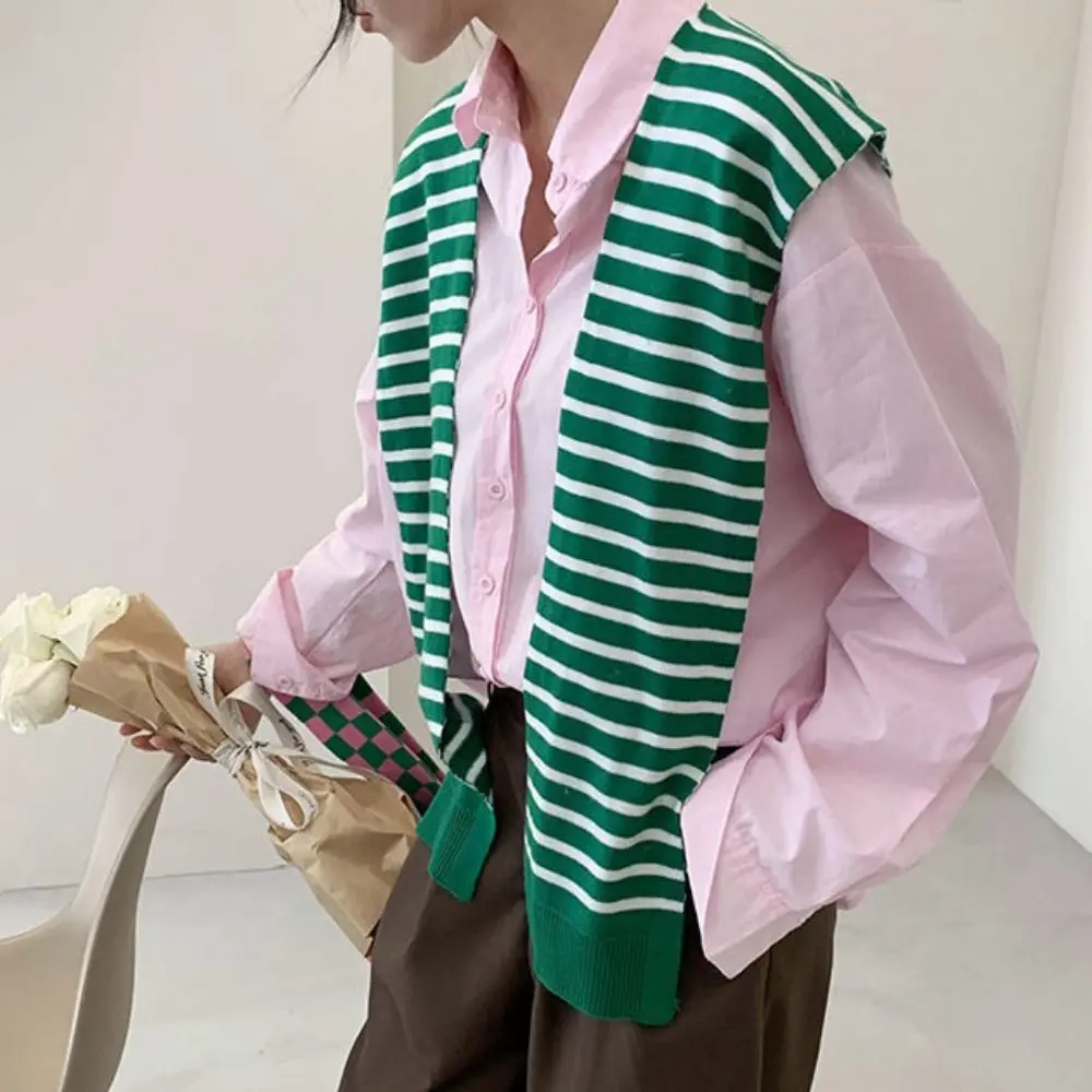 All-match Korean Style Scarves Stripe Knitted Shawl Knotted Cape Neck Guard Blouse Candy Color Elegant Fake Collar Wraps Women