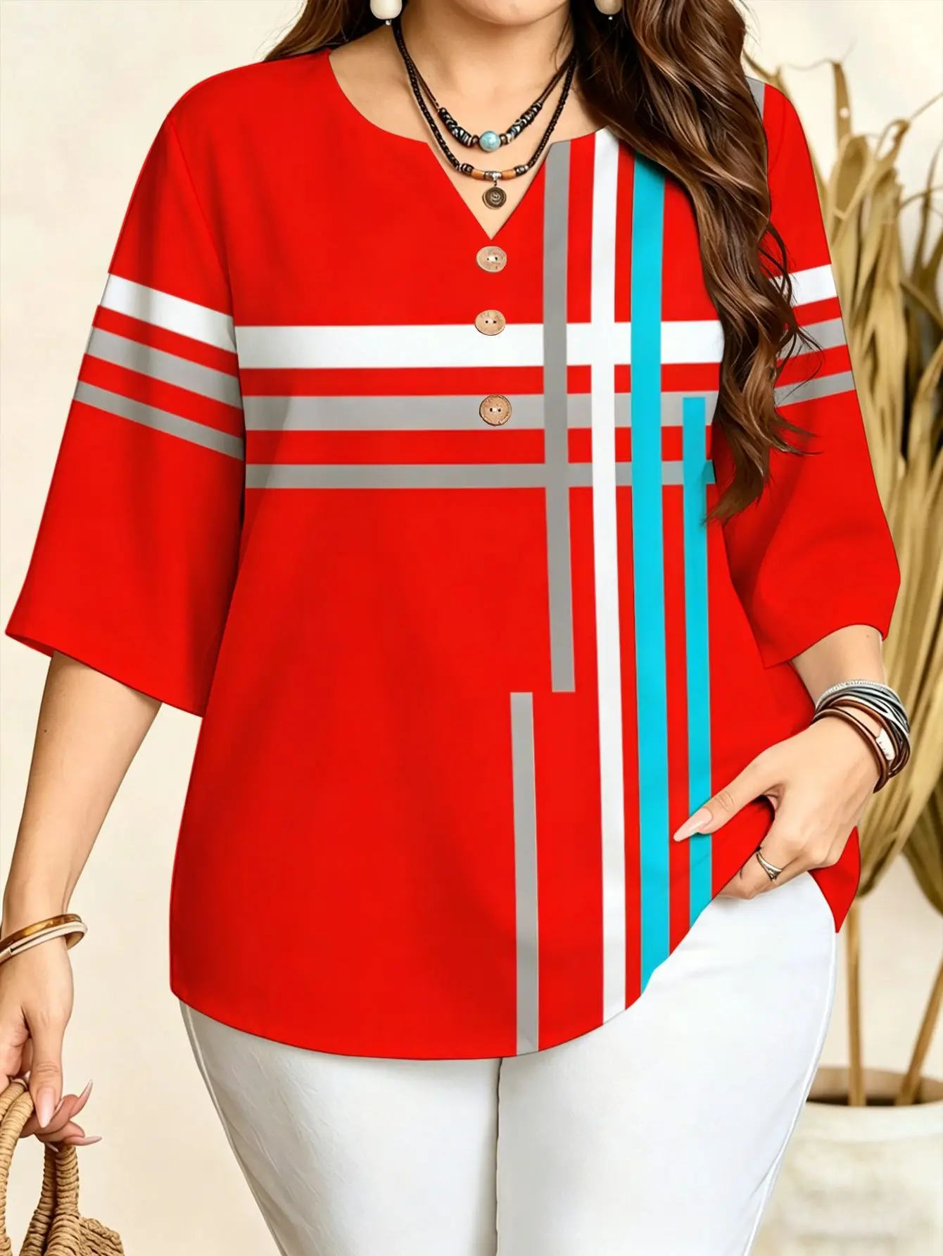 Geometric Line Ethnic Print Plus Size Blouses Notch V Neck 3/4 Sleeve Loose Curvy Women Daily Office Casual Tops