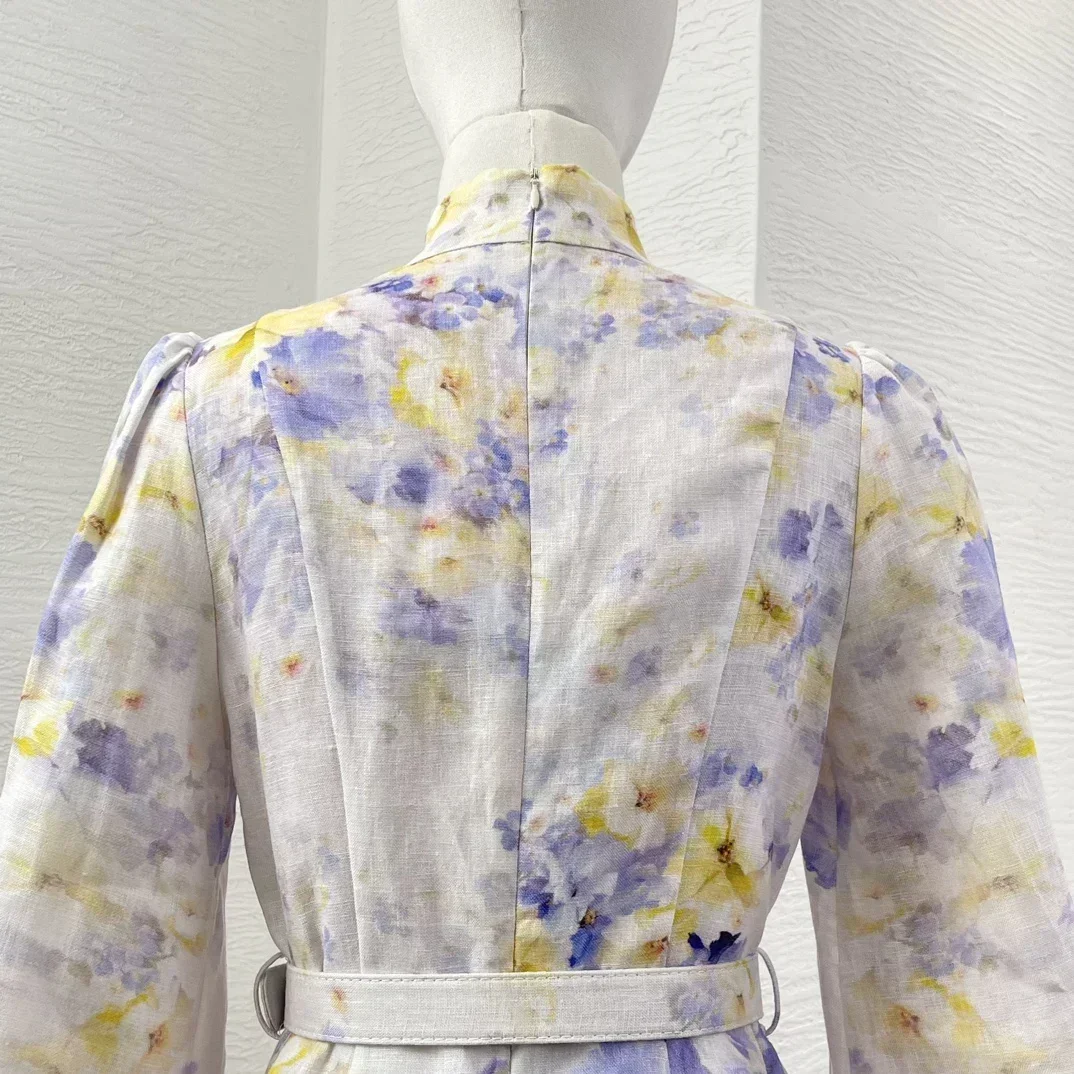 New Light Purple Violet Yellow Floral Print Pure Linen Long Sleeve Women Vintage High Quality White Mini Dress
