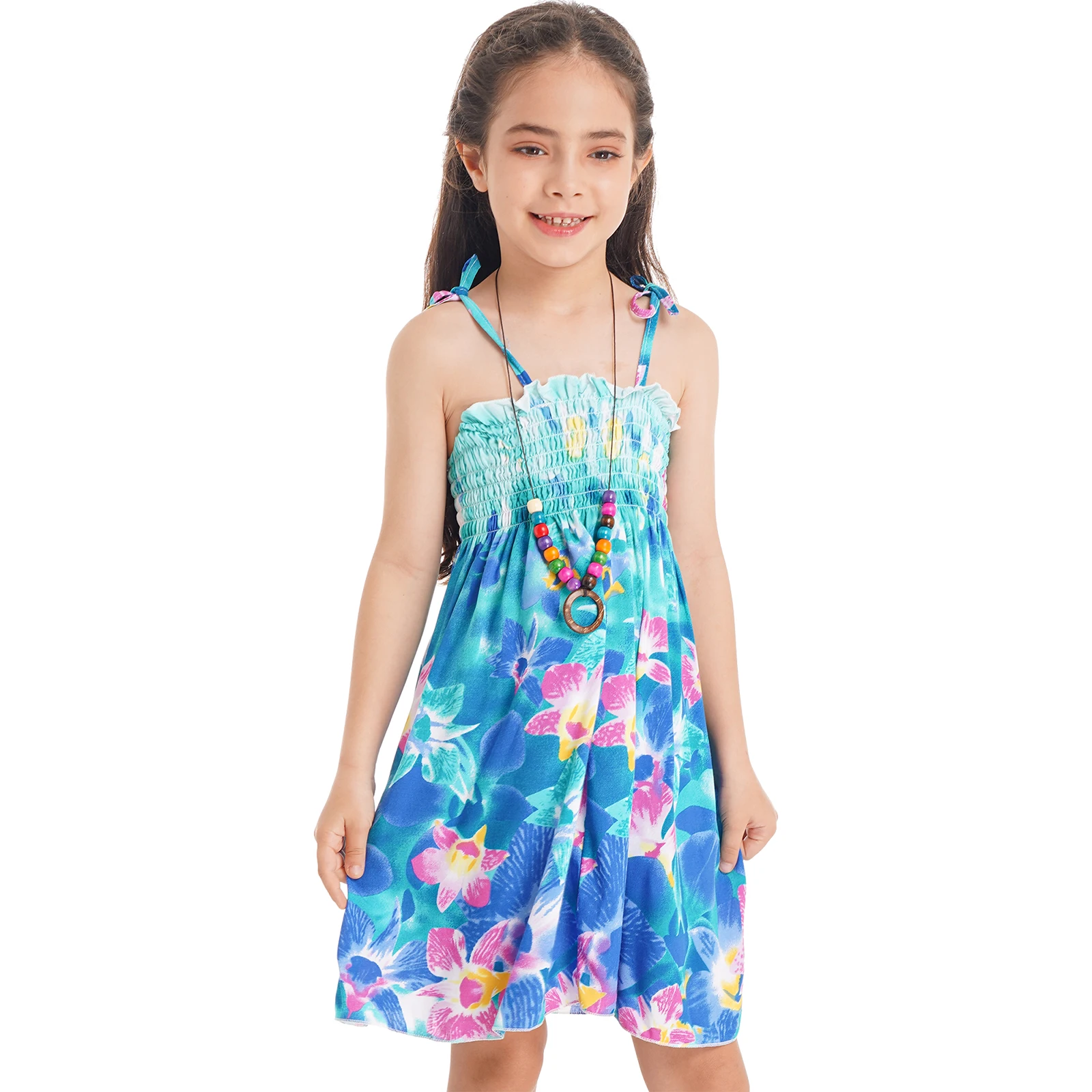 Summer Girls Bohemian Dresses Beach Off Shoulder Floral Sleeveless Suspender Dress with Necklace Teenage Children's Clothing Hot