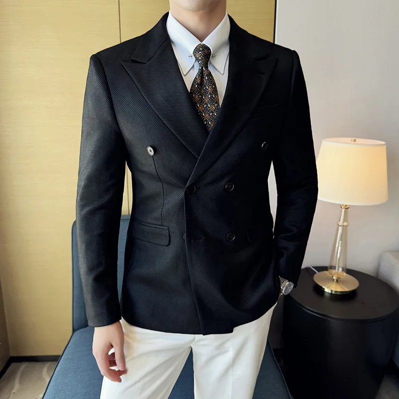 

2024 High-quality Fashion Handsome Casual Korean Version Slim Suit Suede Hot Gold Twill Double Breasted Suit Jacket