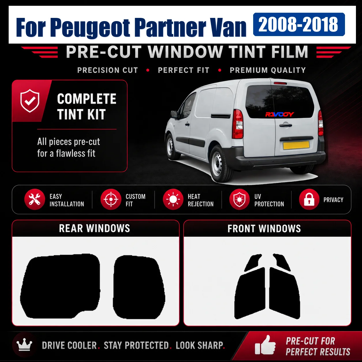 For Peugeot Partner Van 2008-2018 Tailored Complete Window Precut Tint Film Precut Glass Kit