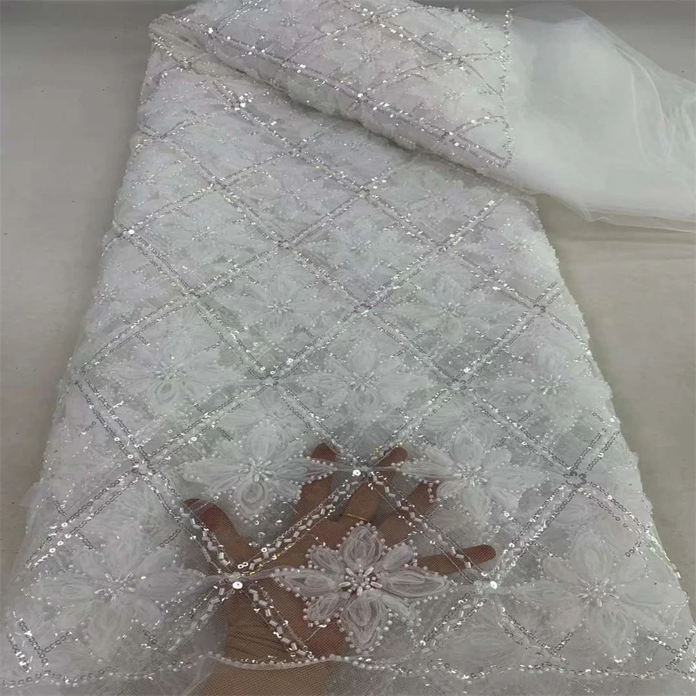 

White 2024 High Quality French Mesh Embroidery Beaded Sequins Lace Fabric African Nigerian Lace Fabric For Wedding Dress Sewing