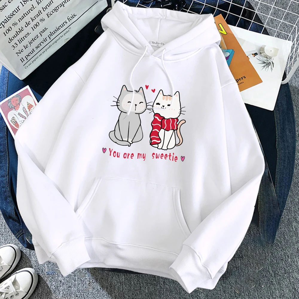 heart cat my sweetie Printing men Hoodie Loose Comfortable Pocket Sweatshirt Autumn Fleece Warm Pullover man Women Streetwear