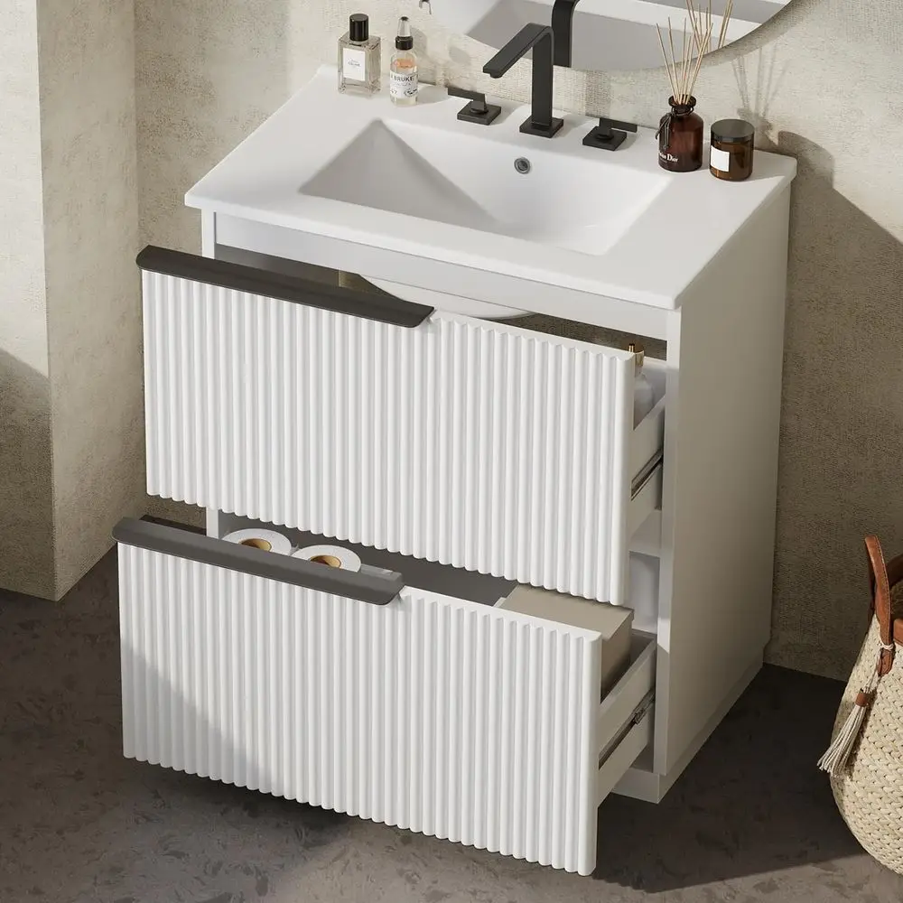 

Contemporary 30 Solid Wood Single Sink Vanity, Full-Extension Drawers, White Freestanding Bathroom Cabinet