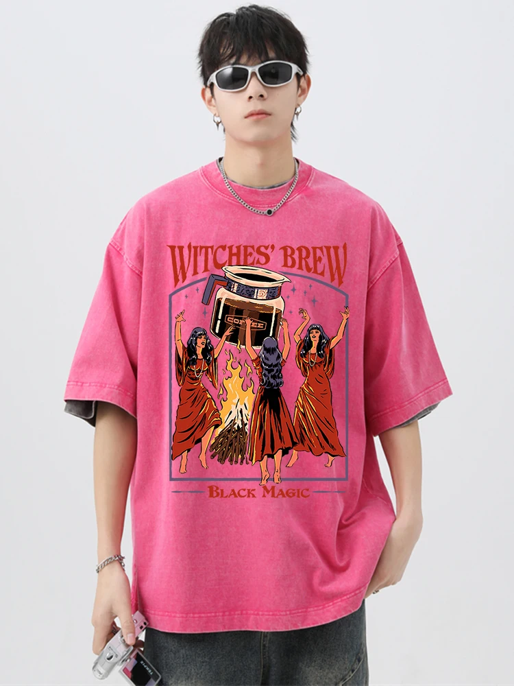 Witches Brew Coffee Black Magic Washed Retro Male Tops Loose Street T-Shirt Summer Casual Cotton Tshirt Oversized Loose Tees