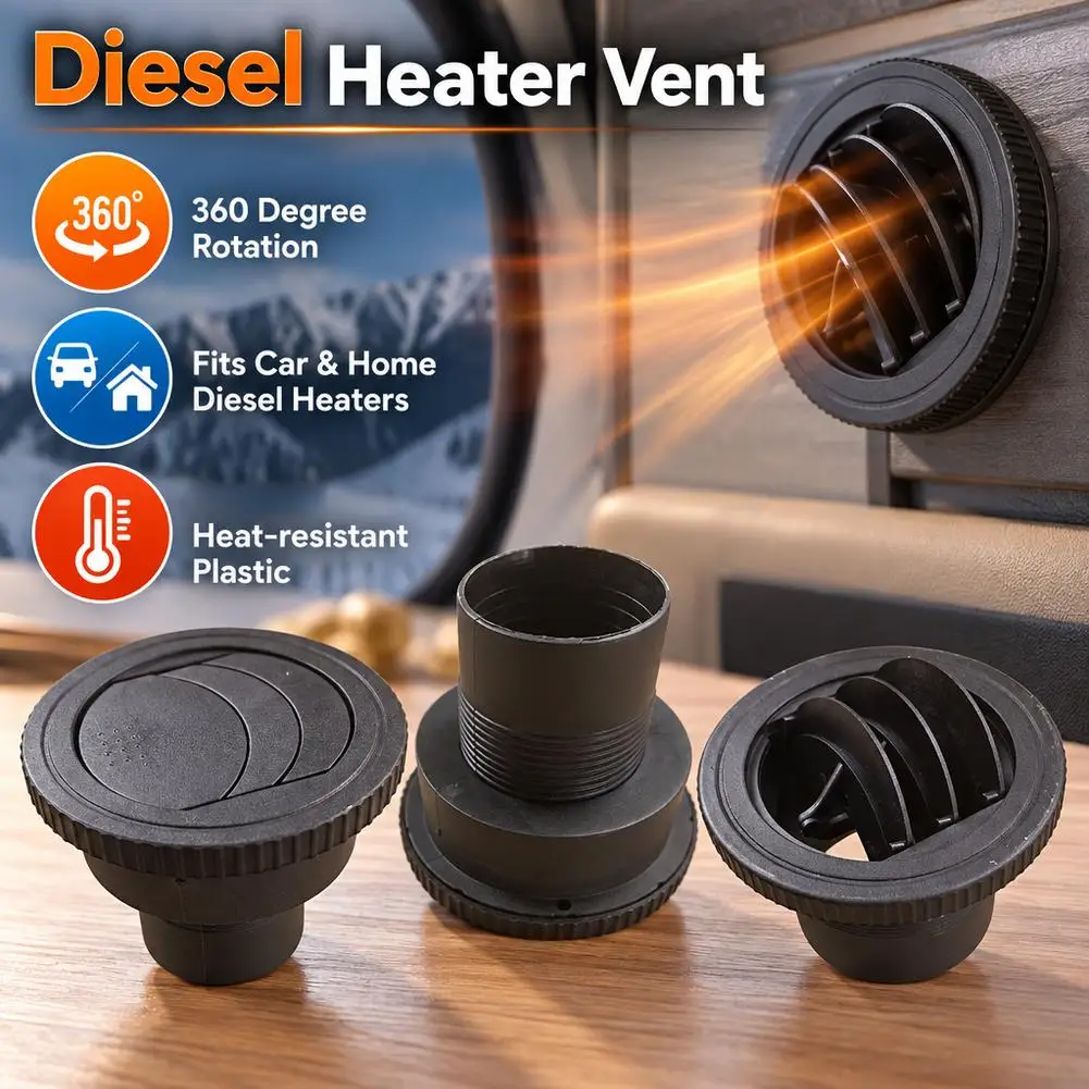 Round Air Vent Outlet Black Air Vent for Parking Heater Rotatable Connector For Car Truck VAN Camper Flat Pipe Joiner Connector