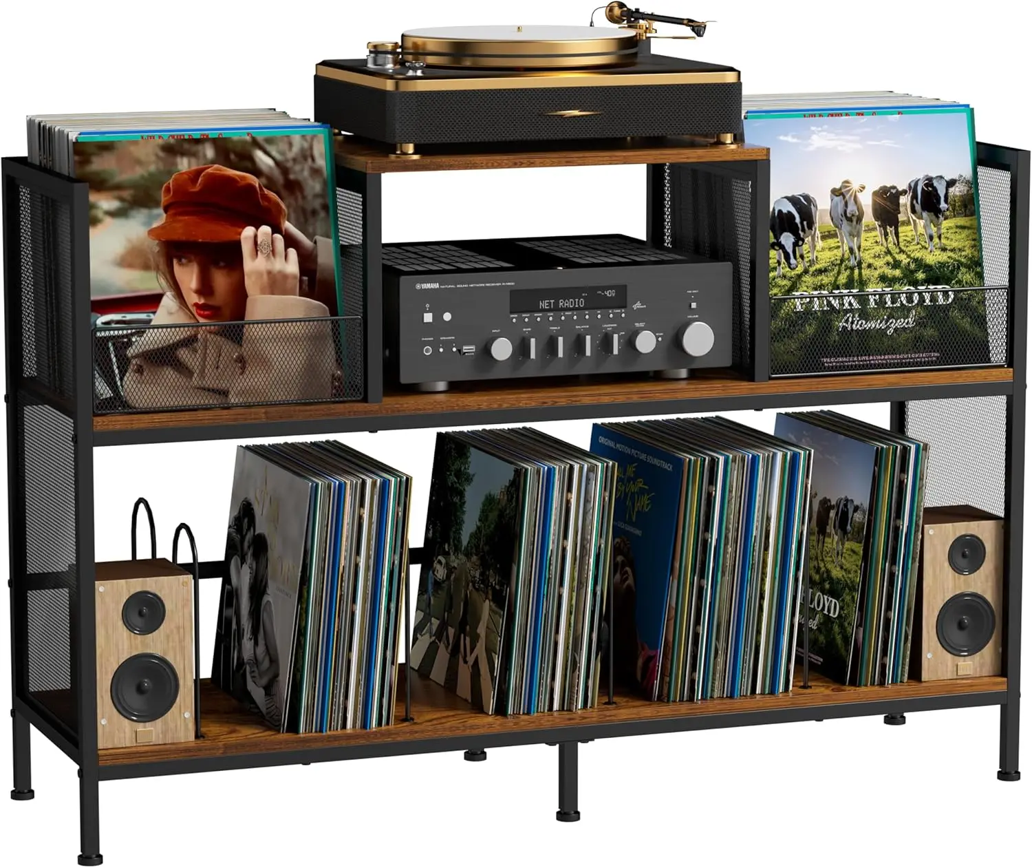 

Vintage Record Player Table with Adjustable Dividers, Vinyl Storage Cabinet for 350 Albums, Turntable Stand for Living Room