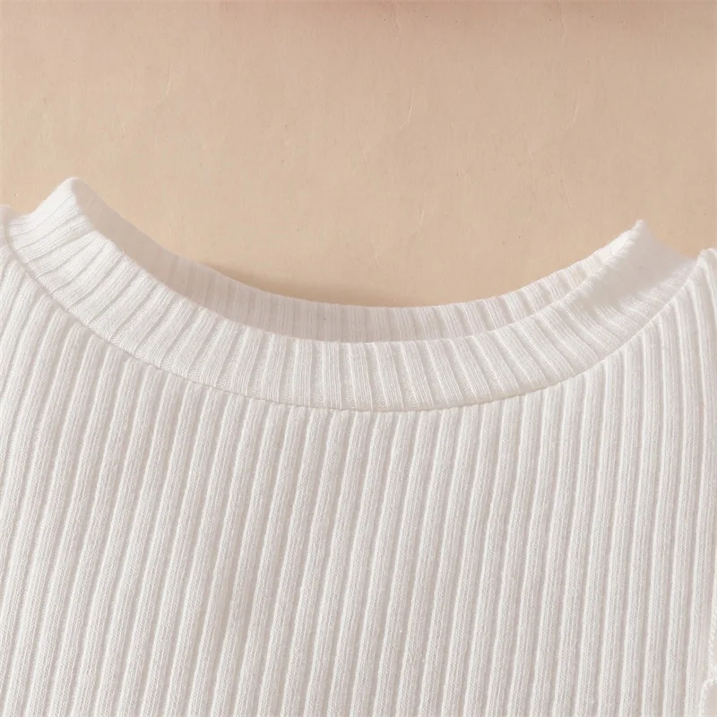 ملابس صيفية للفتيات الصغيرات بأكمام مضلعة ورقبة دائرية مع تنورة فيونكة صلبة ومجموعة من 3 قطع #4