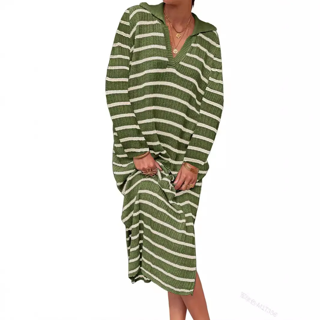 2024 Summer Women's V-Neck Striped Low Slit Lapel Long Sweater Dress