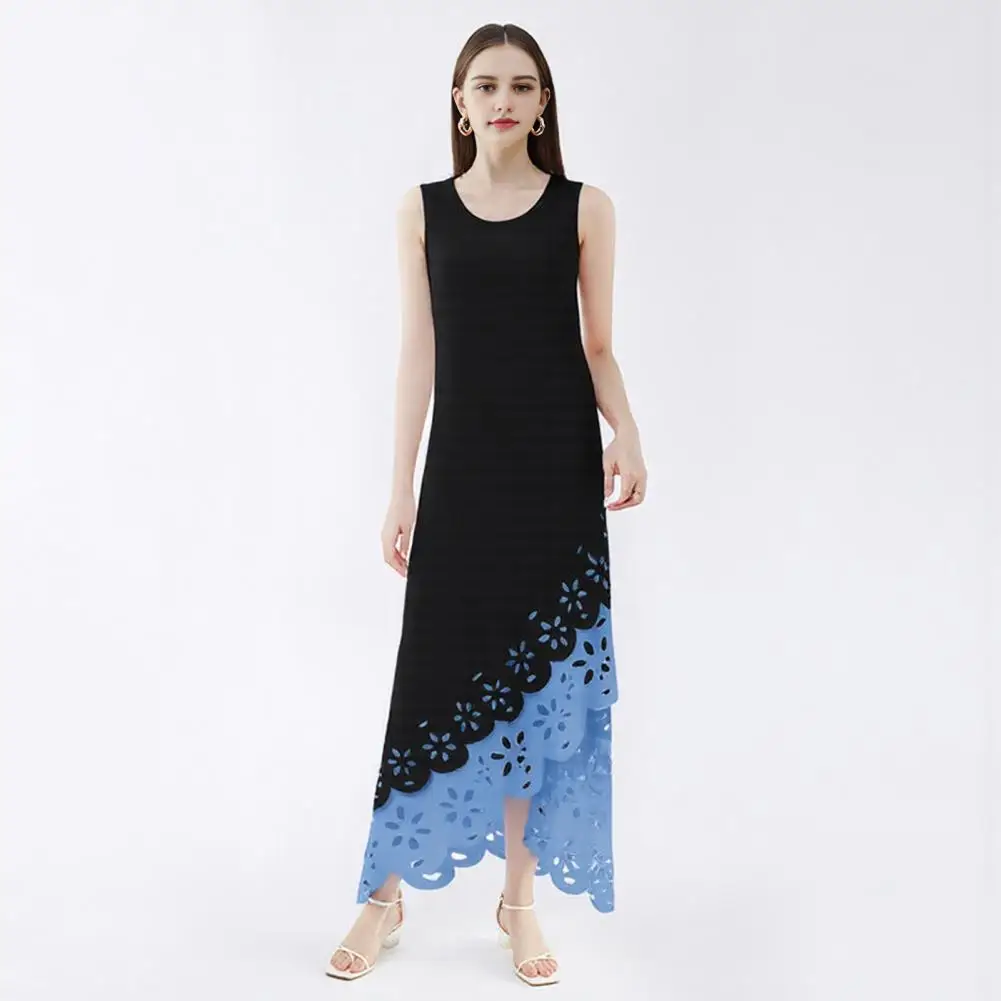 2025 Hollow Flower Irregular Hem Sleeveless Tank Dresses O Neck Dress Summer Fake Two Piece Swing Maxi Dress Casual Long Dress
