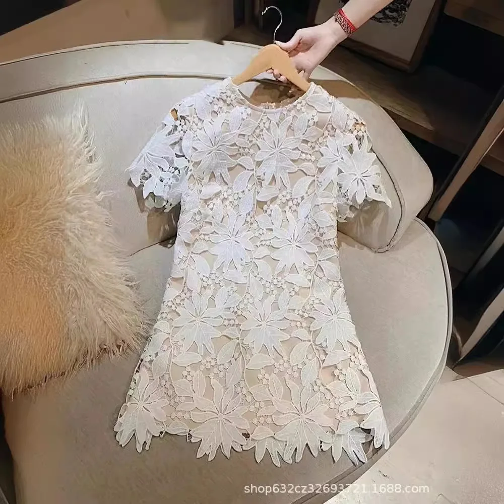 Temperament Crochet Embroidery Puff Short Sleeve Dress Women's Summer New High Sense Hollow Flower Gentle Dress Office Ladies