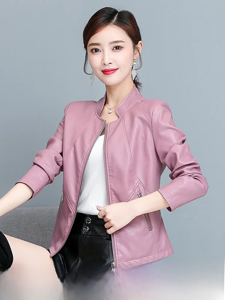 

2025 New Women's Short Motorcycle Style Leather Jacket Fashion Slim Fit Stand Collar Sheepskin Coat Small Outerwear
