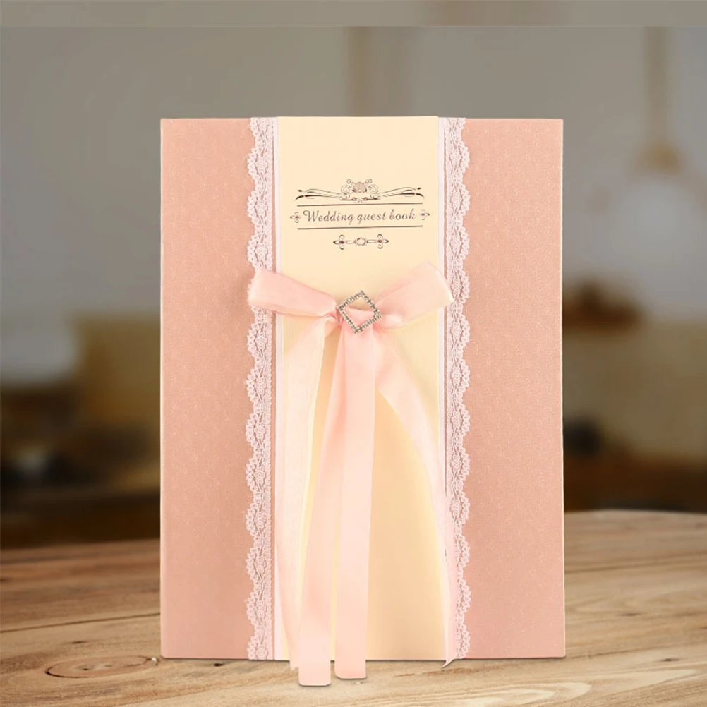 

Stylish Rhinestone Ribbon Lace Hollowed Out Wedding Guest Book Pink Elegant Sign In Book For Party Attendance Decorative