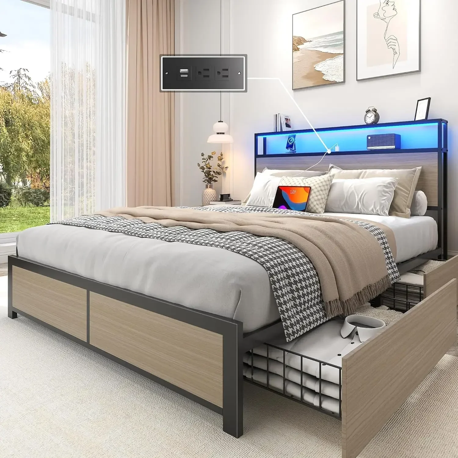 Full Bed Frame with 2-Tier Storage Headboard, Metal Platform Bed Frame with 4 Storage Drawers