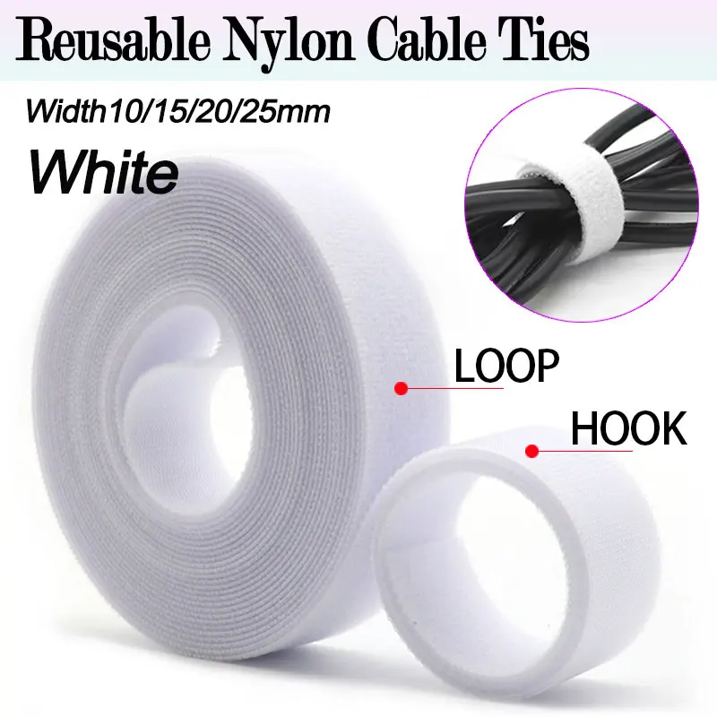 1/5Rolls 5M White Reusable Cable Ties Width10/15/20/25mm Double Side Hook and Loop Fastening Straps Cable Wire Management Tape