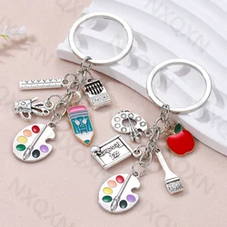 Classic Drawing Board Ruler Crayon Pencil Enamel Keychain Apple Brush Pendants For Women Men Good Teacher Gift Handmade Jewelry