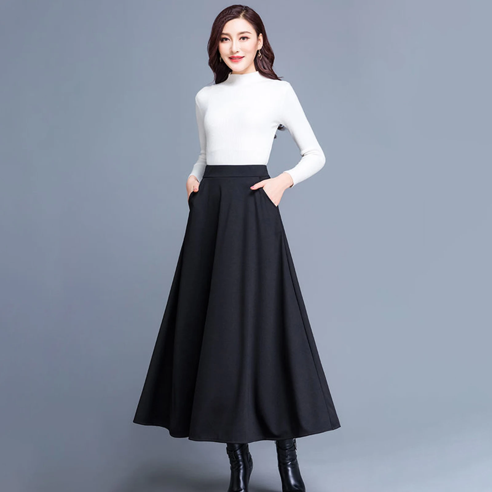 Elegant Skirt Side Pockets Large Hem A-Line Midi Skirt Autumn High Waist Party Skirt Winter Women Long Skirt Temperament Skirt