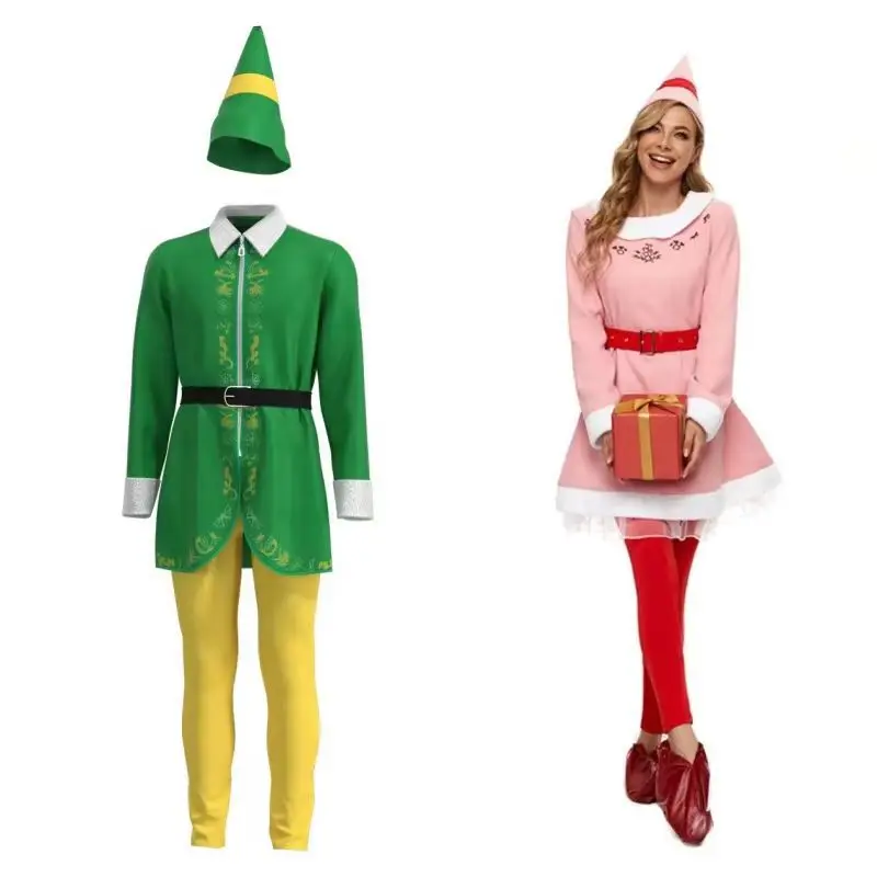 

Parent-child men's and women's Christmas costumes Halloween costumes adult Christmas elves green costumes cosplay oldManFestival