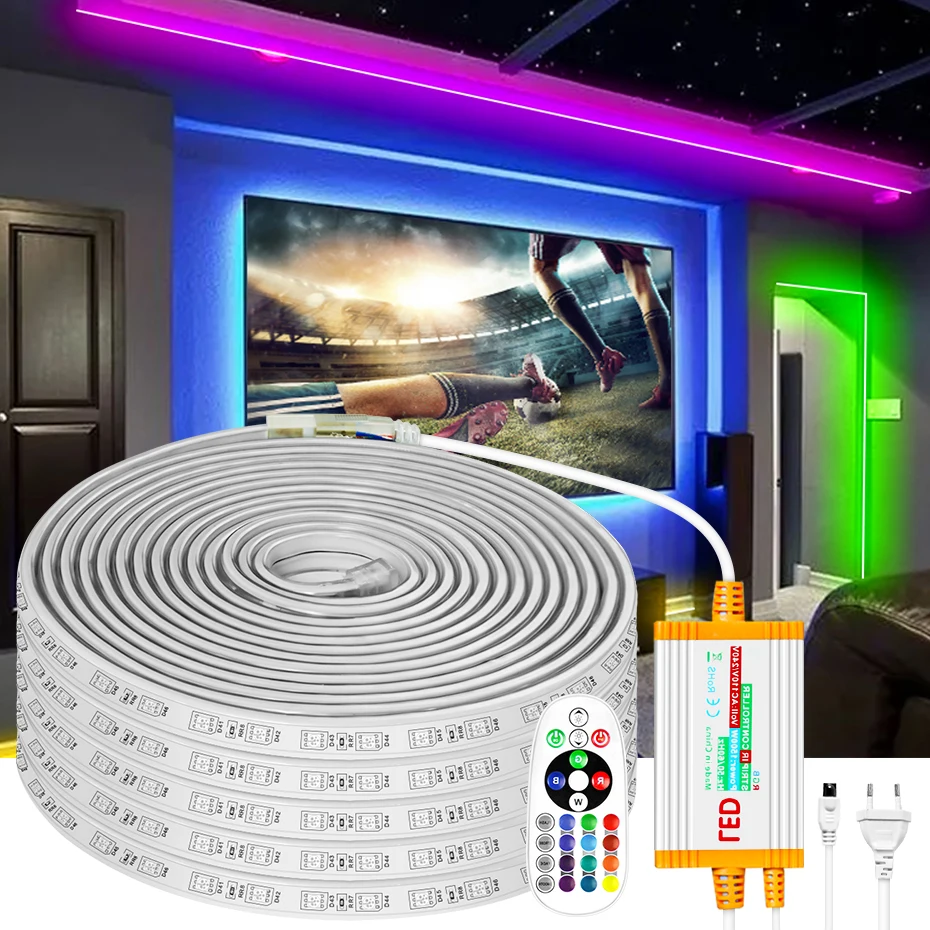 

Dimmable RGB LED Strip Light AC 220V EU Plug Led Tape IR Remote Control Flexible Ribbon Outdoor Waterproof For Garden Lighting