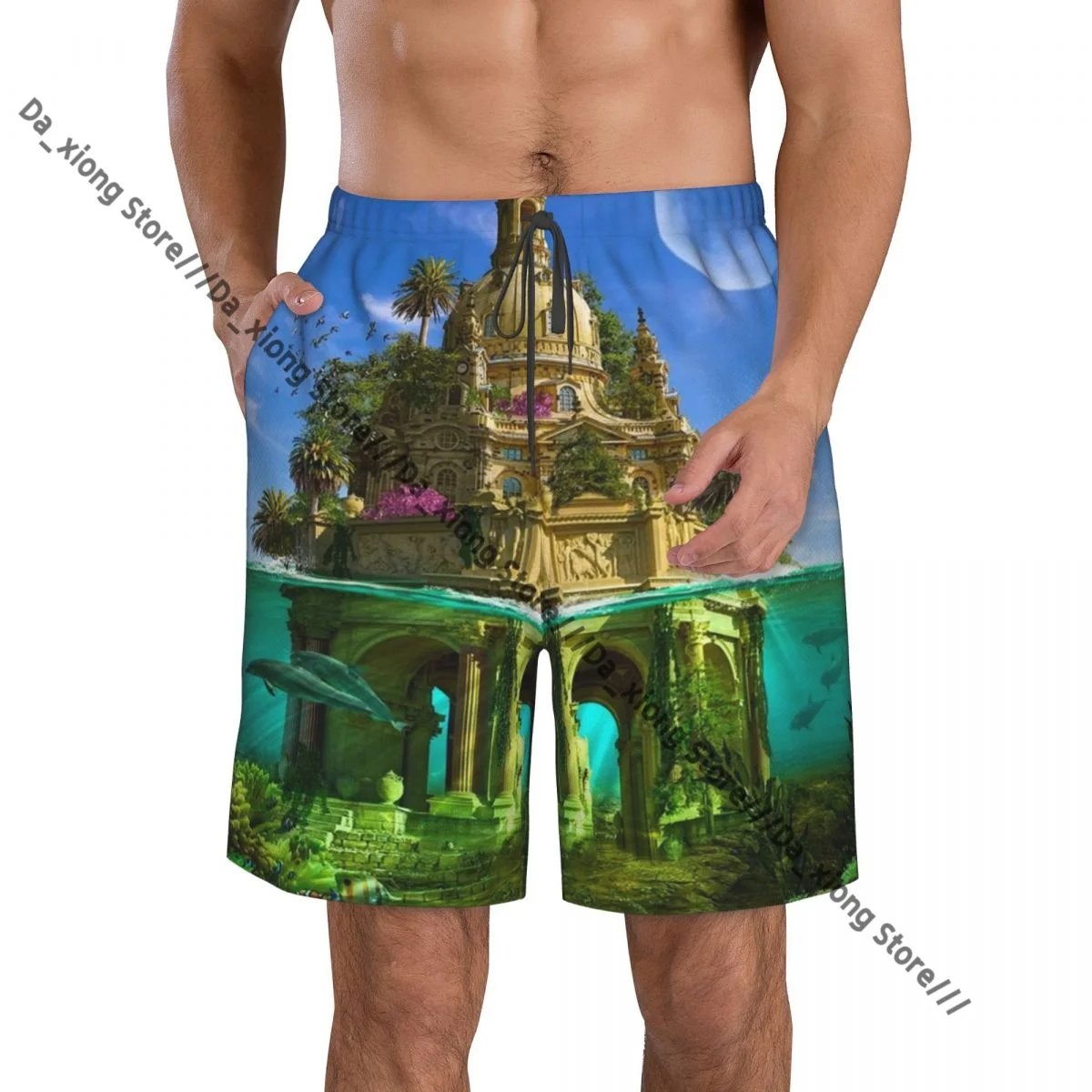 Men Beach Short Quick-drying Swimming Trunk Fantasy Art Palace Swimwear Swimsuit Bathing Shorts
