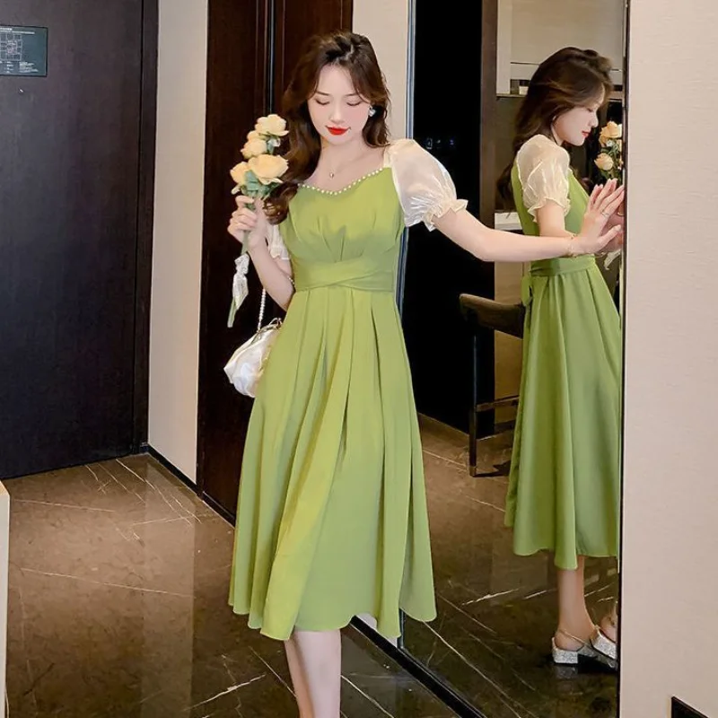 Green Chiffon Mesh Dress for Women Vintage Casual Woman Korean Fashion Midi Dresses Clothes Party Summer 2024 Aesthetic Sexy Eam