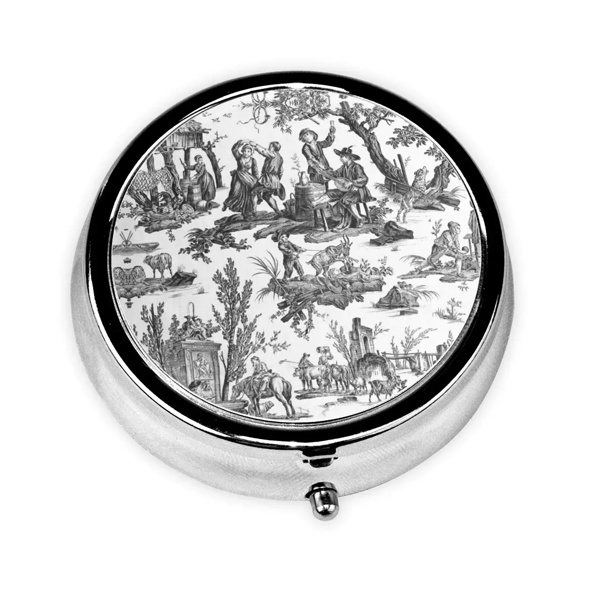 

Black And White Toile De Jouy Mini Portable Pill Cases Pockets French Motifs Floral Medicine Storage Case Pill Box For Travel