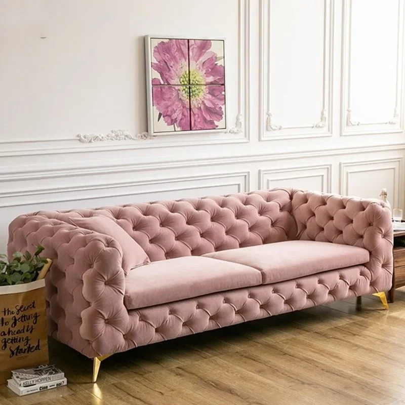 Luz americana de luxo internet celebridade artesanal puxar fivela pés metal estilo simples móveis sala estar três sofá veludo