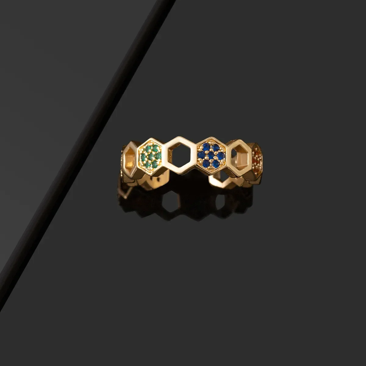 Matte honeycomb shape European and American fashion all-match color zirconium adjustable couple ring