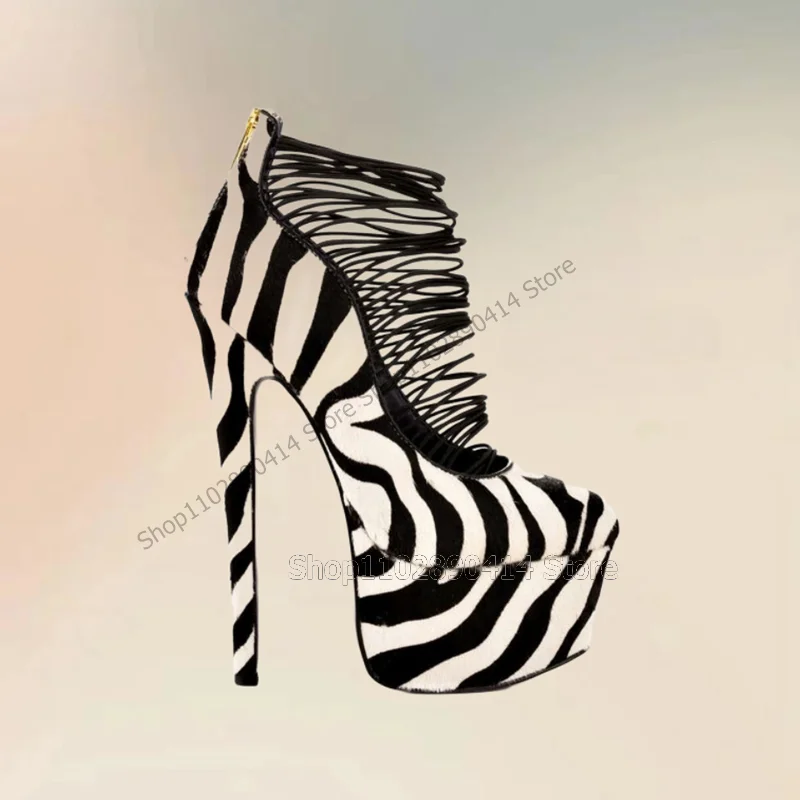 Zebra Print Strappy Round Toe Platform Pumps Back Zipper Women Shoes Thin High Heels Fashion Banquet 2024 Zapatos Para Mujere