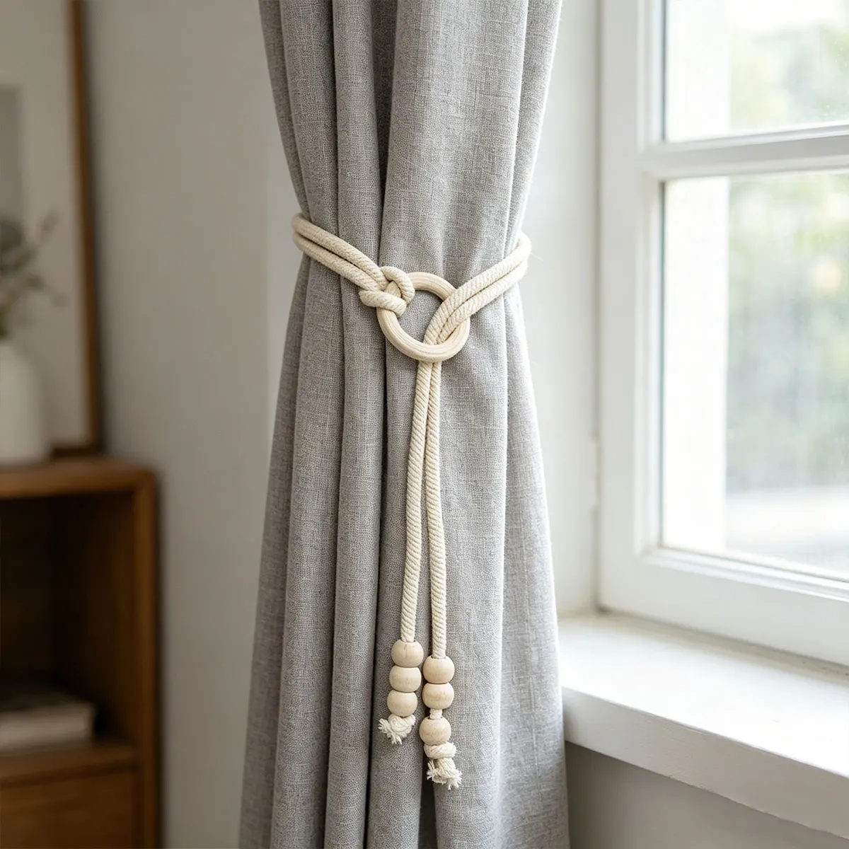 Wood Ring Bead Curtain Tiebacks Set of 2 Braided Cotton Rope Curtain Tie Rope Nordic Decorative Window Drape Holder