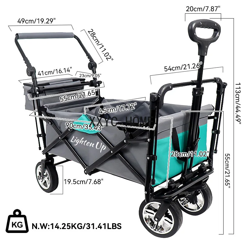 Lighten Up 7In Wheel Folding Wagon Cart 220.5 Capacity W/ Adjustable Handle Pull Oxford Cloth Collapsible Outdoor Garden Trolley