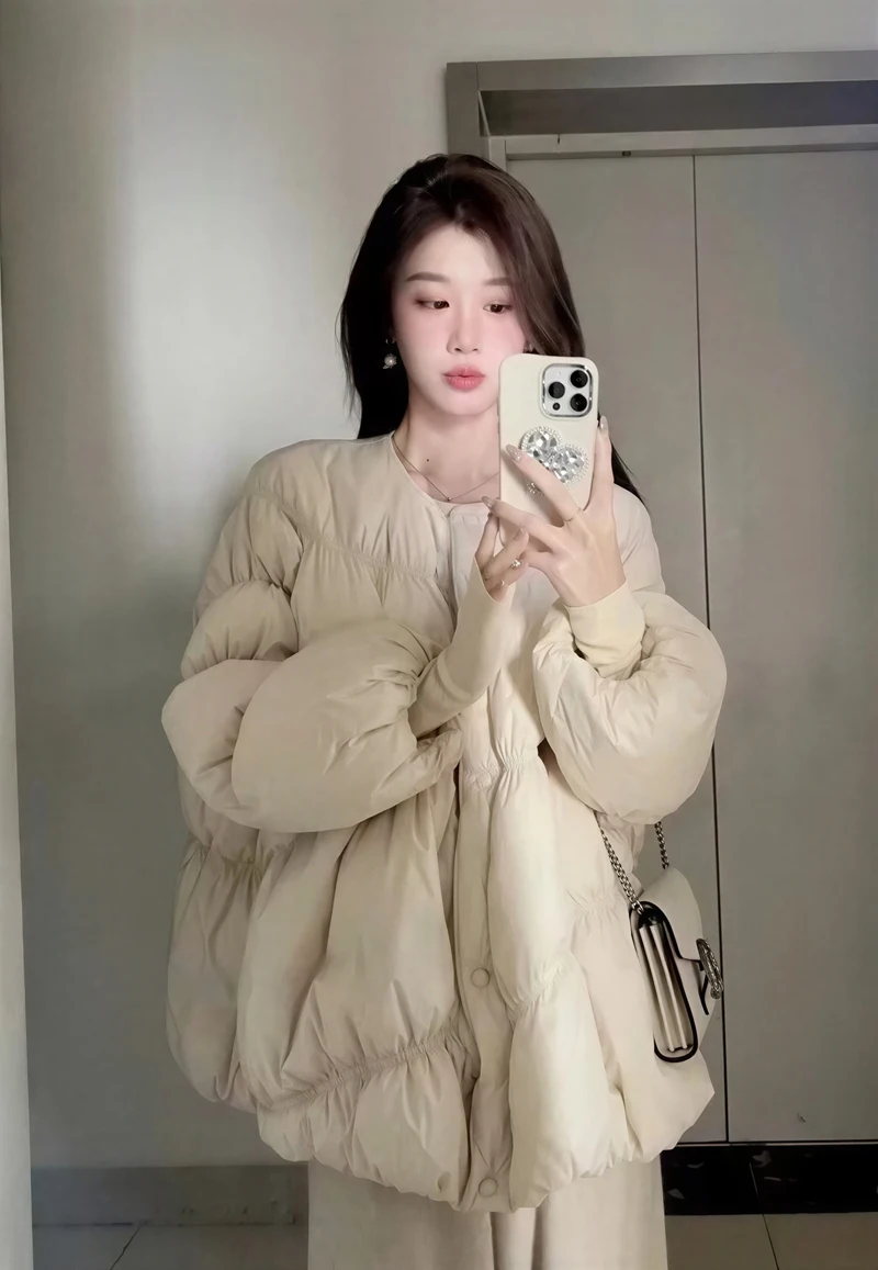 

Parkas Womens Crop Winter Cashmere Filling Diamond-Patterned Snap-Button Over-Knee Detachable-Sleeve Asymmetric Waist-Closed Ins