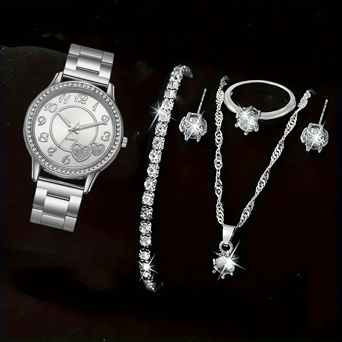 

6 шт./компл.-модные женские часы с циферблатом в форме сердца, пластиковый ремешок, кварцевые часы, комплект ювелирных изделий (без коробки)