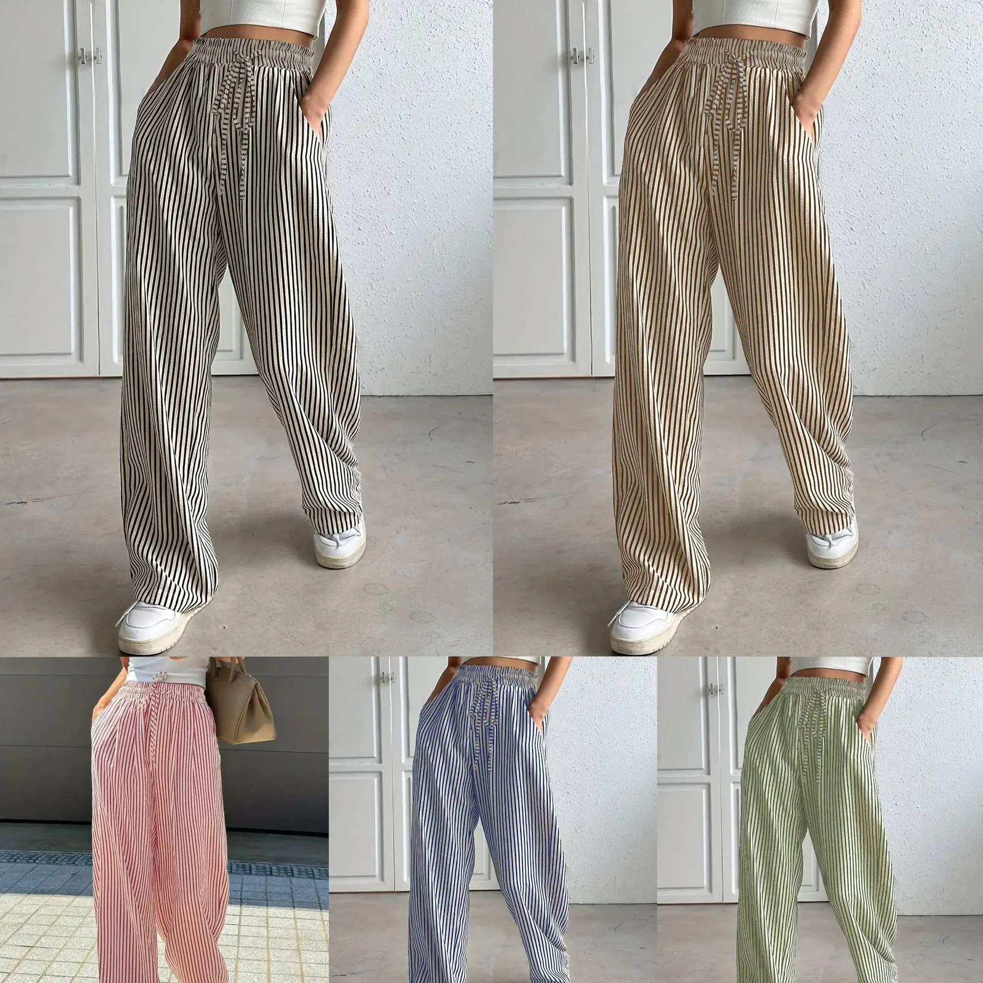 

2025 Popular Striped Casual Trousers Straight Pants European and American Women's Clothing