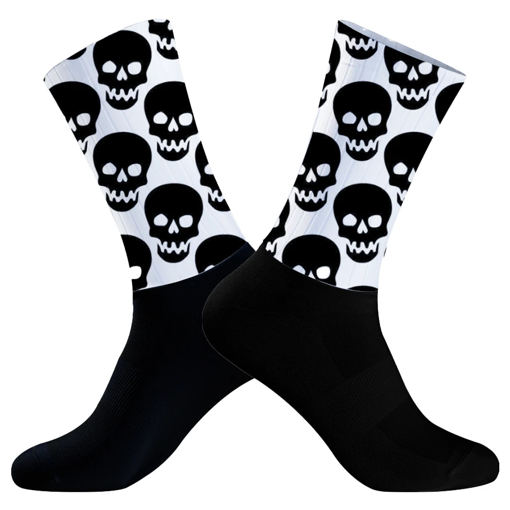 New Men Skull pattern Bicycle Sport Running Bike Socks Calcetines Anti Slip Silicone Summer Aero Socks Whiteline Cycling Socks