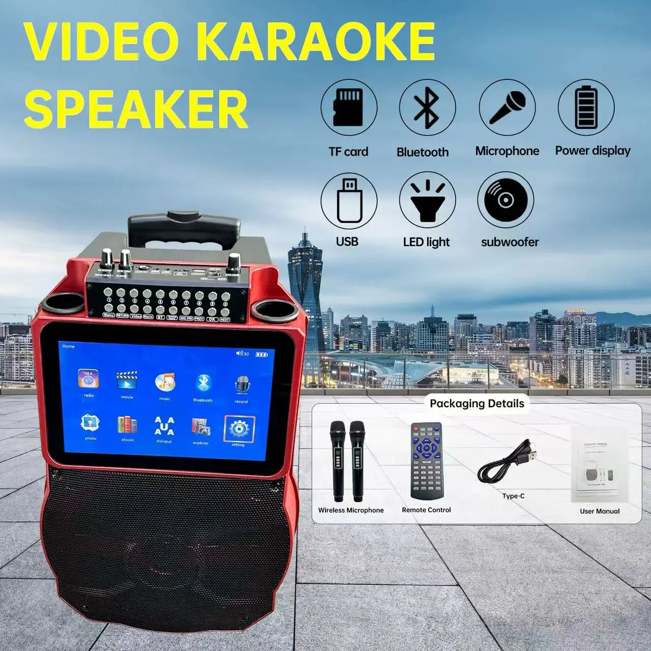 Portable Karaoke Wireless for 5.3 Speaker 10.1-inch LVDS Display IPX4 Waterproof 2 Wireless Mics for Home Outdoor Use