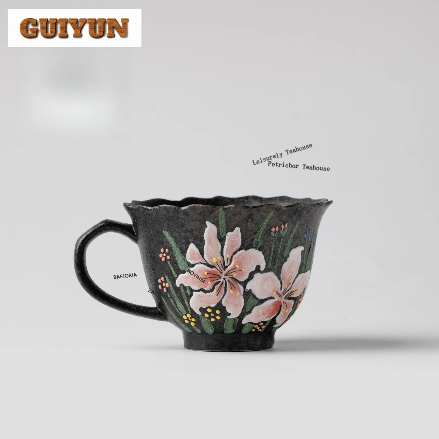 HOYIHM 110ml Hand-painted Lily Teacup Retro Tea Bowl Beautiful Tea Cup Tea-tasting Meditation Cup Chazhan Master Cups Cha