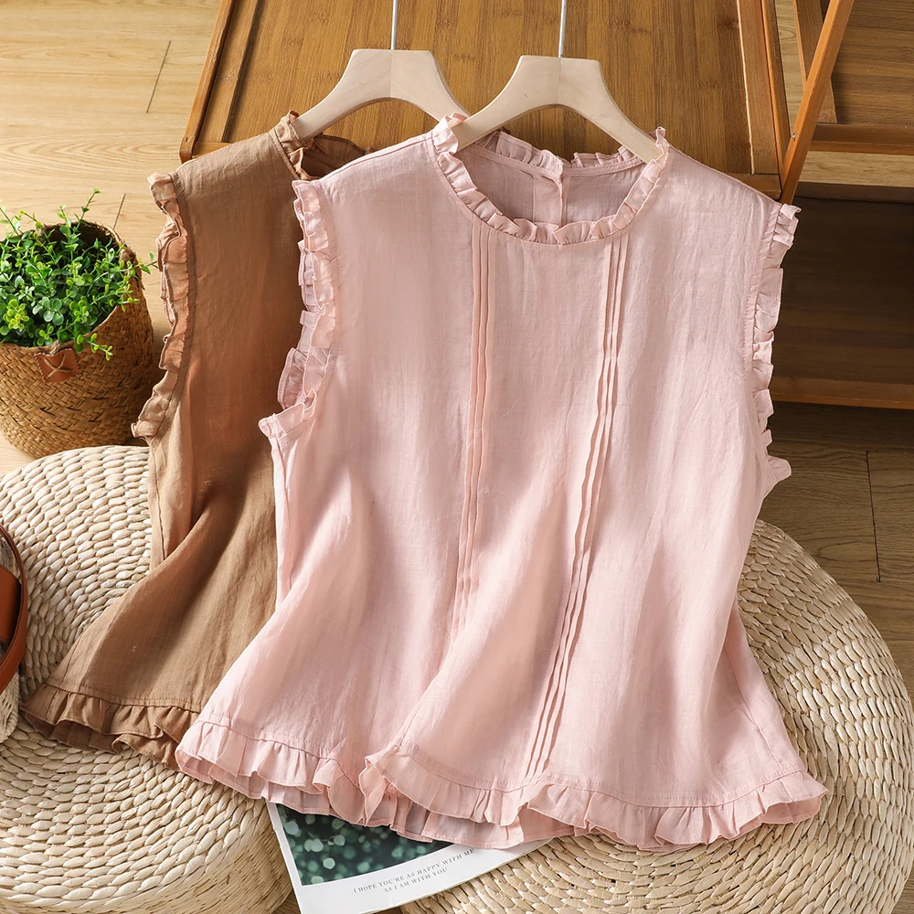 Ladies Summer New Style round Neck Sleeveless Vest Japanese Lazy Style Vertical Stripe Pleated Ruffle Hem Doll Shirt Thin Cot...