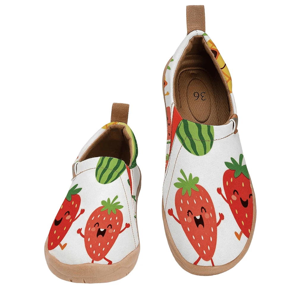 Women's Wide Toe Box Cute Cartoon Fruit Print Slip‑On Shoes, Soft Sole Breathable Canvas Casual Walking Flats