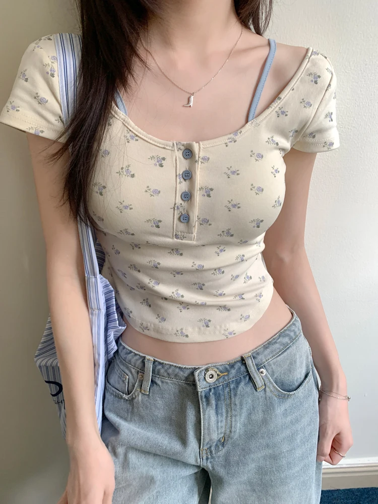 6Colors 2024 Summer korean style Slim U Neck Buttons Short Sleeve t-shirt Womens Cropped tops Tees shirt femme (X3450