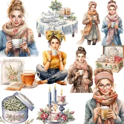 20Pcs/Pack Tea Drinking Girl Sticker DIY Craft Scrapbooking Album Junk Journal Decorative Stickers