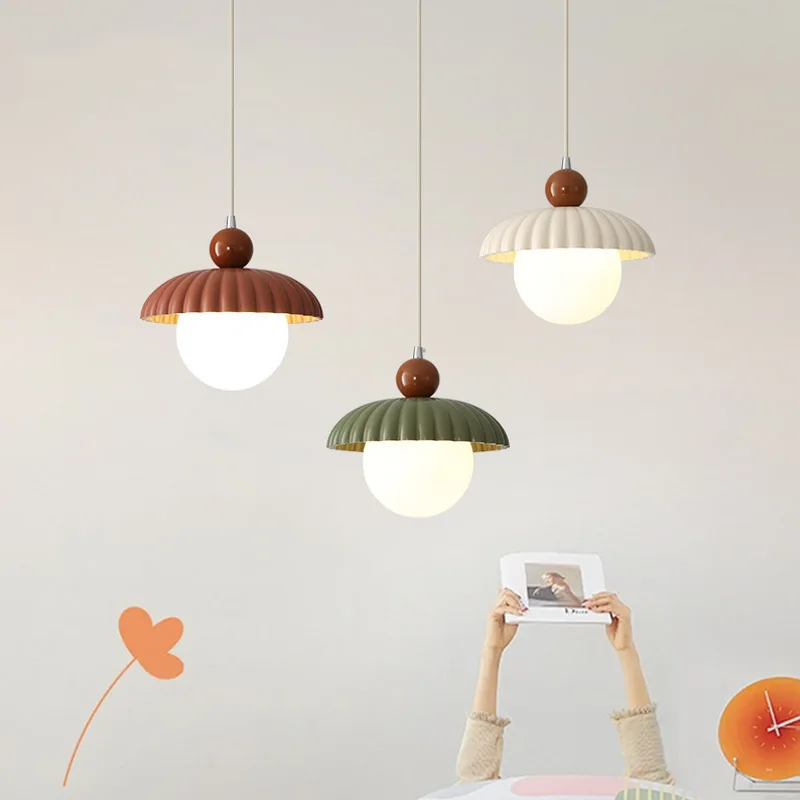 Bedroom bedside small chandelier French cream style modern minimalist Nordic creative ball straw hat lamp master vertical lamp