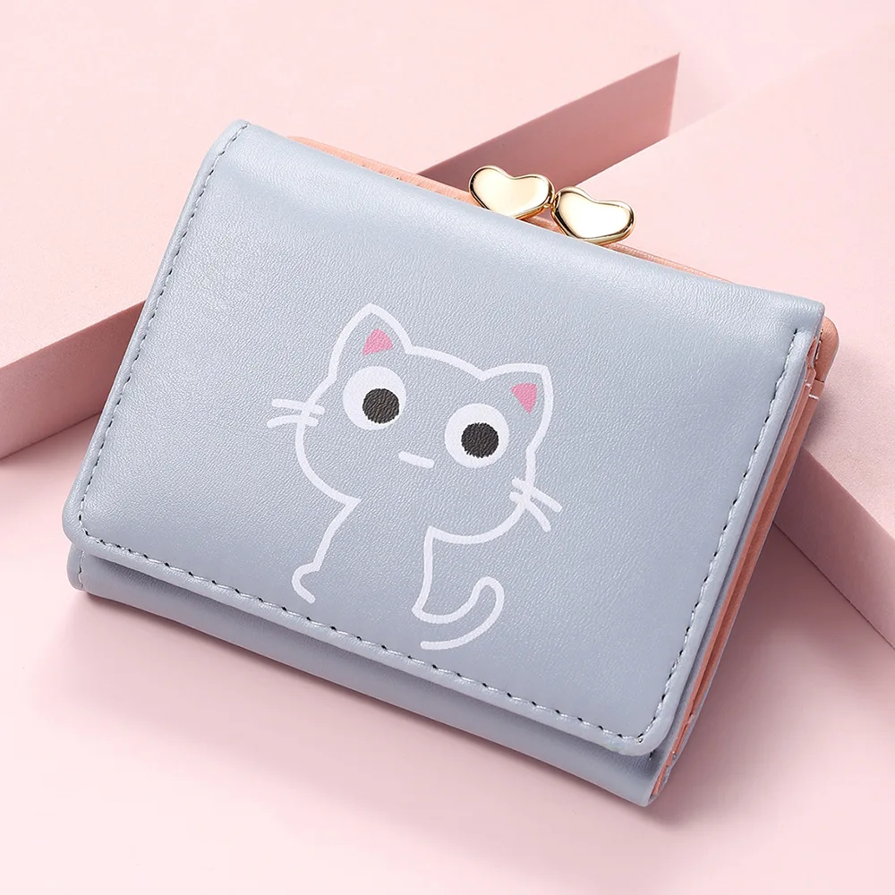 Cartoon Cat Coin Wallet Cute Girly Heart Triple Fold Multi-slot Mini Clutch Purse for Women Small Purse