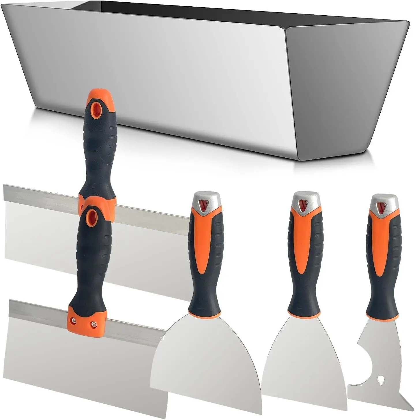 

Набор из 5 инструментов для гипсокартона из нержавеющей стали с лотком для шпатлевки, для ремонта стен, удаления краски и обоев