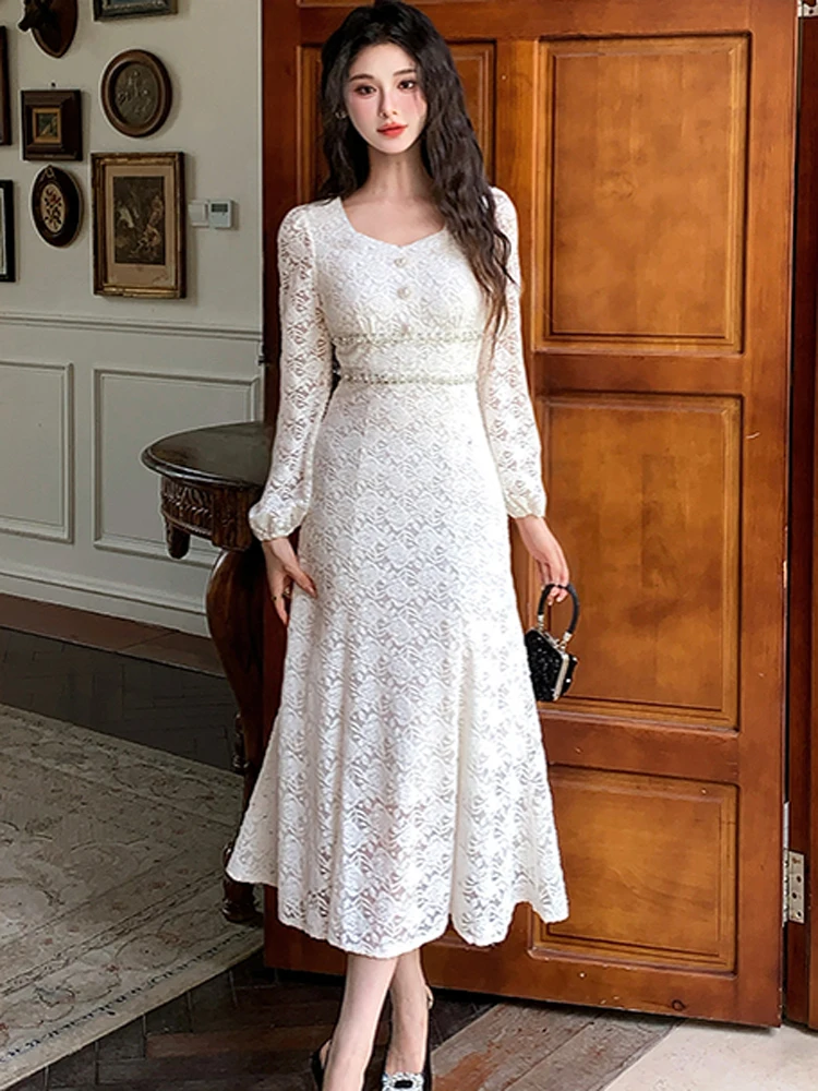

High Quality Spring Luxury Beaded Diamonds Lace Evening Party Dress For Women Long Sleeve Slim Waist Midi Dresses Female