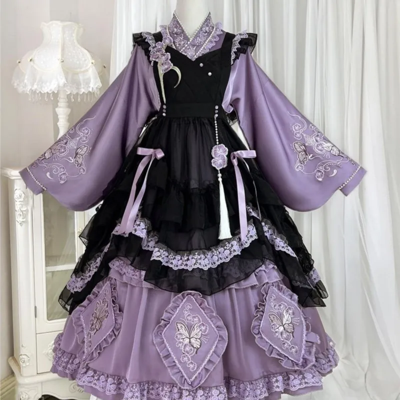 Elegant eclectic long-sleeved all-in-one apron dress