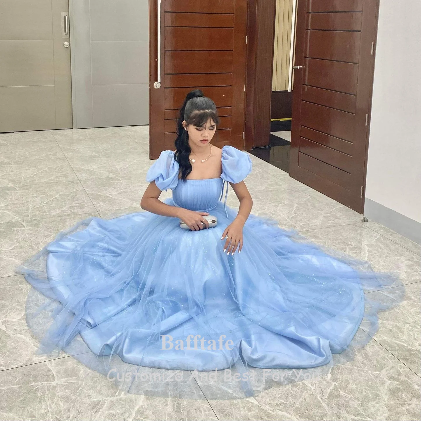 Customized Sparkly Tulle Short Sleeves Korea Prom Dresses Sky Blue Women Evening Gowns Formal Party Wedding Photo Shoot Wear