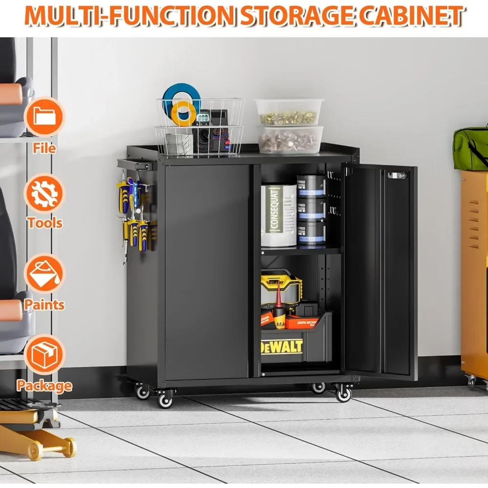 "31.5" Rolling Garage Cabinet - Metal Tool Storage w/Pegboard, 4 Hooks for Home & Workshop Assembly"​