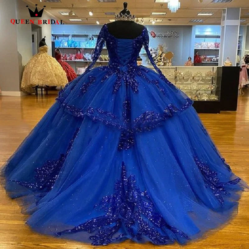 فستان Quinceanera أزرق مللكي ، رقبة على شكل حرف V ، مزخرف دانتيل ، فستان حفلة ، كم طويل ، مخصص ، LJ35 ، فاخر